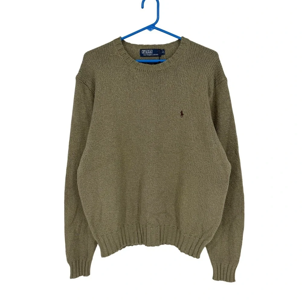 NEW Vtg Polo Ralph Lauren Mens XL Crewneck Sweater Olive Green Cotton Wool